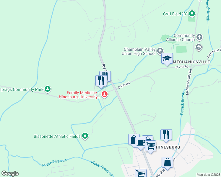 map of restaurants, bars, coffee shops, grocery stores, and more near 26 Ballards Corner Road in Hinesburg