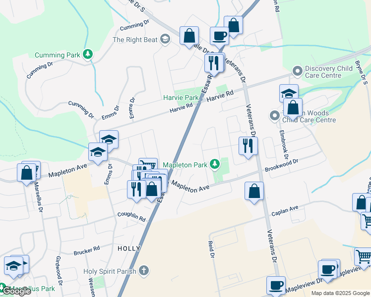 map of restaurants, bars, coffee shops, grocery stores, and more near 510 Essa Road in Barrie