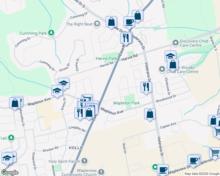 map of restaurants, bars, coffee shops, grocery stores, and more near 510 Essa Road in Barrie