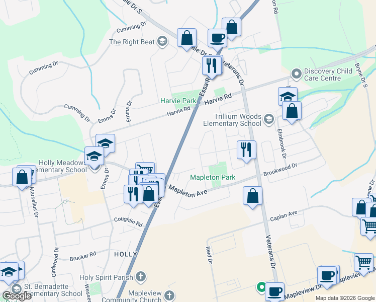 map of restaurants, bars, coffee shops, grocery stores, and more near 510 Essa Road in Barrie