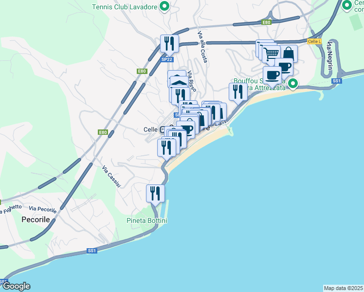 map of restaurants, bars, coffee shops, grocery stores, and more near 128 Via Aicardi in Celle Ligure