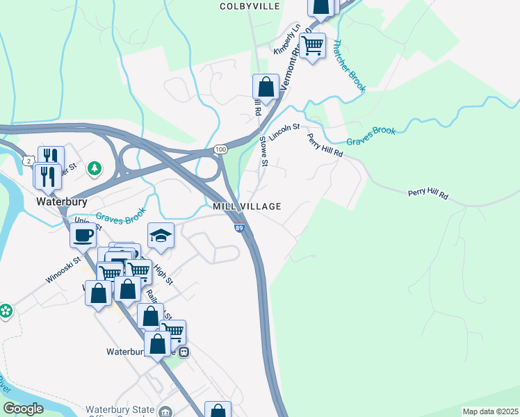 map of restaurants, bars, coffee shops, grocery stores, and more near 4 East Street in Waterbury