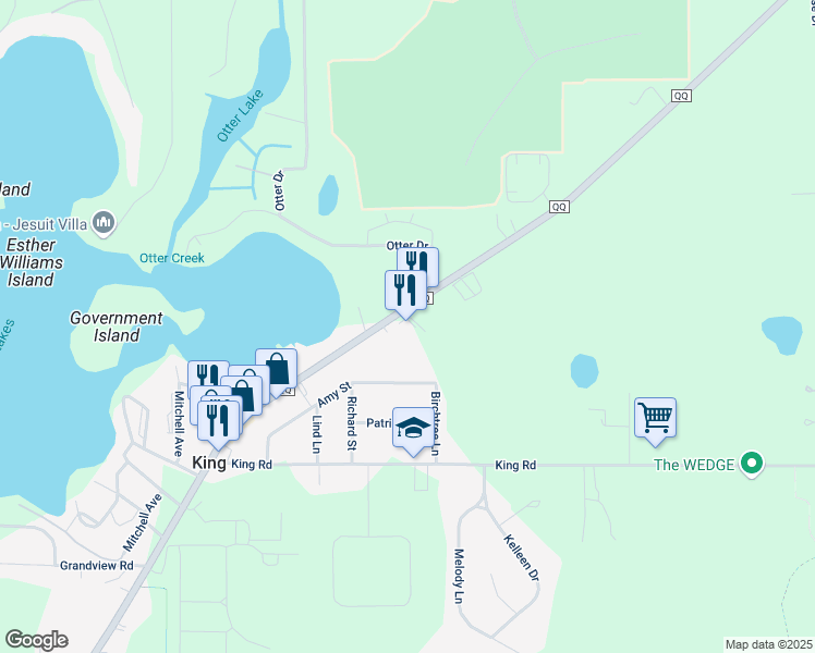 map of restaurants, bars, coffee shops, grocery stores, and more near N2826 County Road QQ in Waupaca