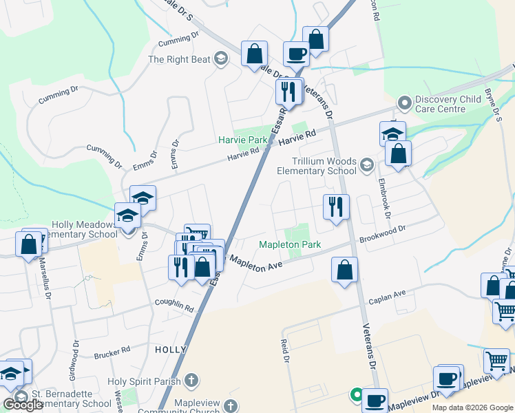 map of restaurants, bars, coffee shops, grocery stores, and more near 508 Essa Road in Barrie
