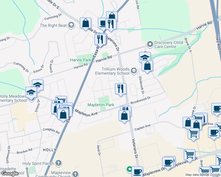 map of restaurants, bars, coffee shops, grocery stores, and more near Touchette Drive in Barrie