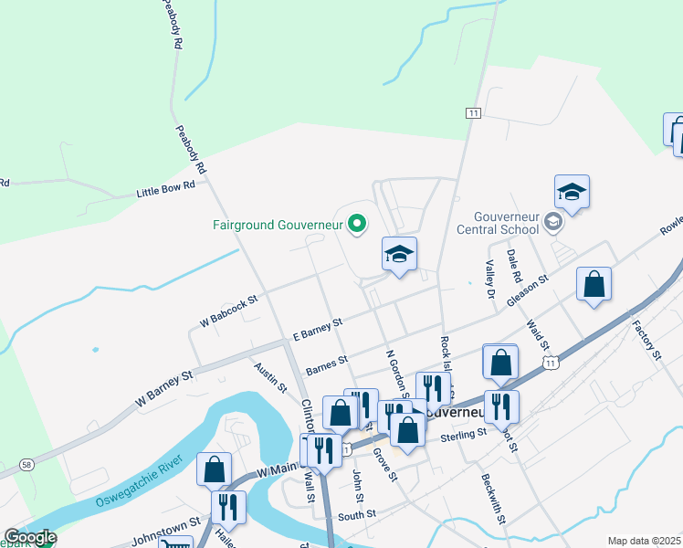 map of restaurants, bars, coffee shops, grocery stores, and more near 70 E Babcock St in Gouverneur