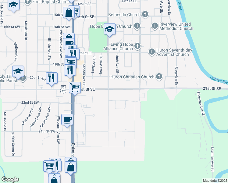 map of restaurants, bars, coffee shops, grocery stores, and more near 300 21st Street Southeast in Huron