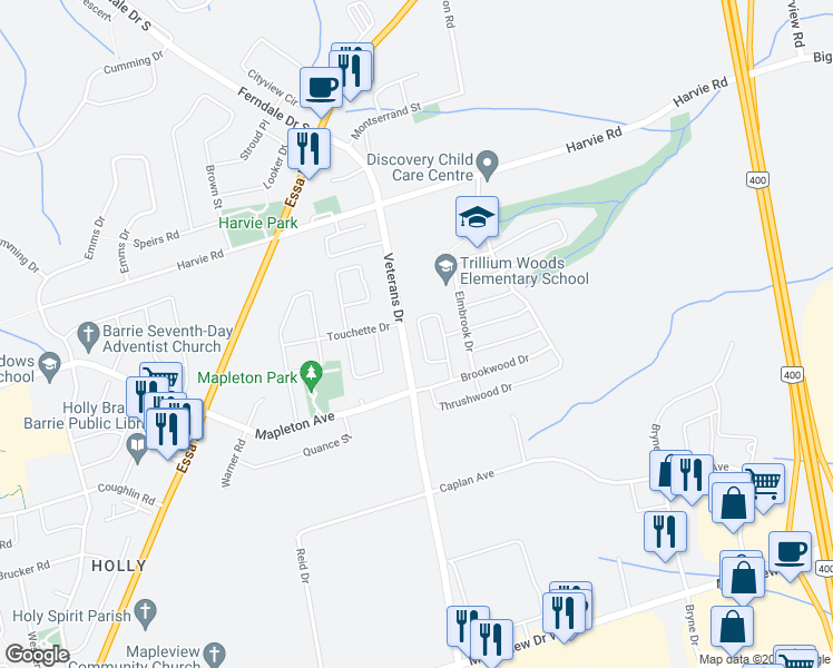 map of restaurants, bars, coffee shops, grocery stores, and more near 85 Bentley Crescent in Barrie