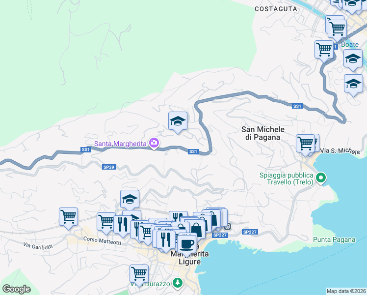map of restaurants, bars, coffee shops, grocery stores, and more near 2 Strada Statale 1 in Santa Margherita Ligure