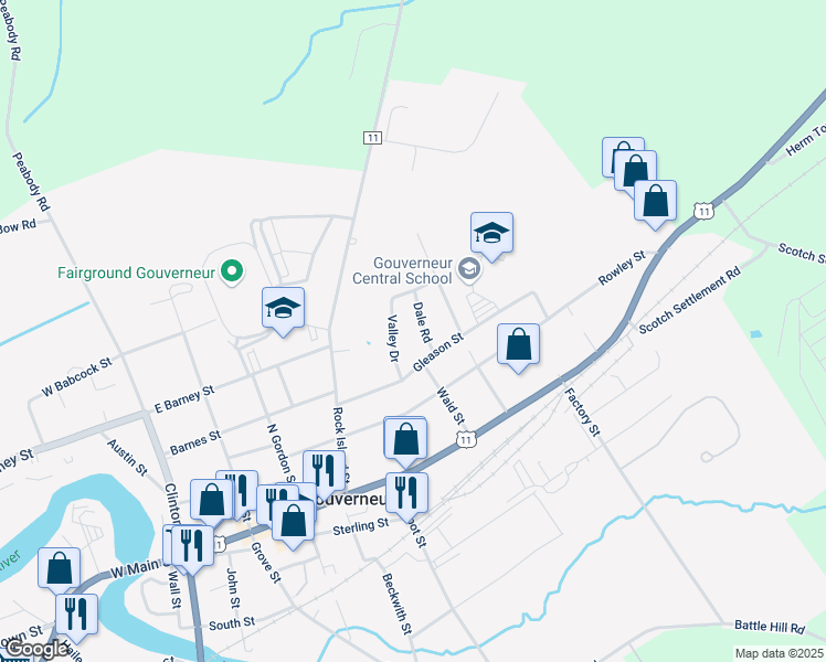map of restaurants, bars, coffee shops, grocery stores, and more near 21 Dale Rd in Gouverneur
