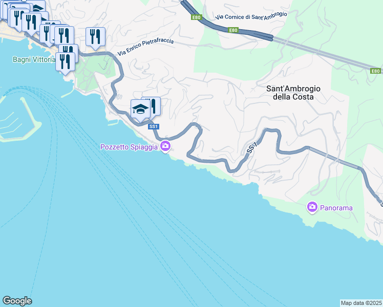 map of restaurants, bars, coffee shops, grocery stores, and more near 267 Strada Statale 1 in Zoagli