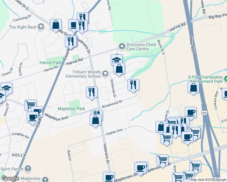 map of restaurants, bars, coffee shops, grocery stores, and more near Elmbrook Drive in Barrie