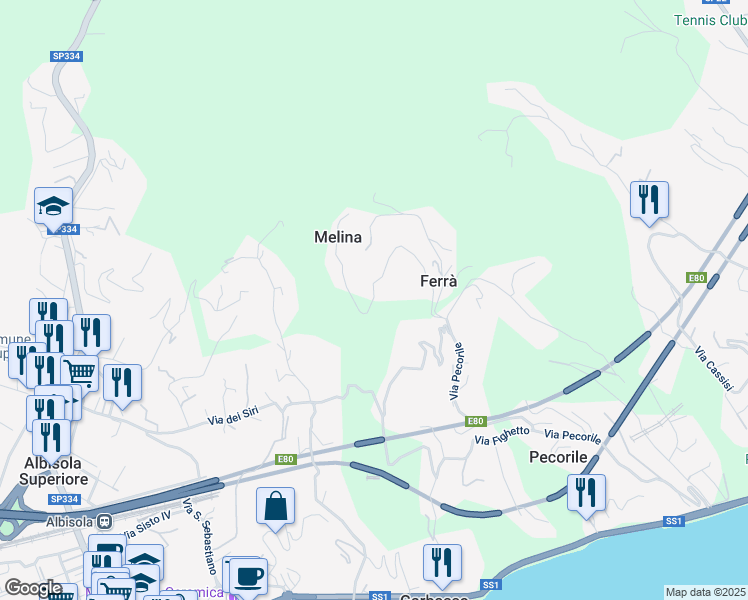 map of restaurants, bars, coffee shops, grocery stores, and more near 39 Via Melina in Celle Ligure