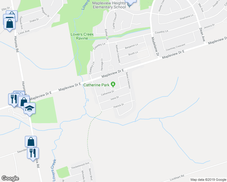map of restaurants, bars, coffee shops, grocery stores, and more near Catherine Drive in Barrie