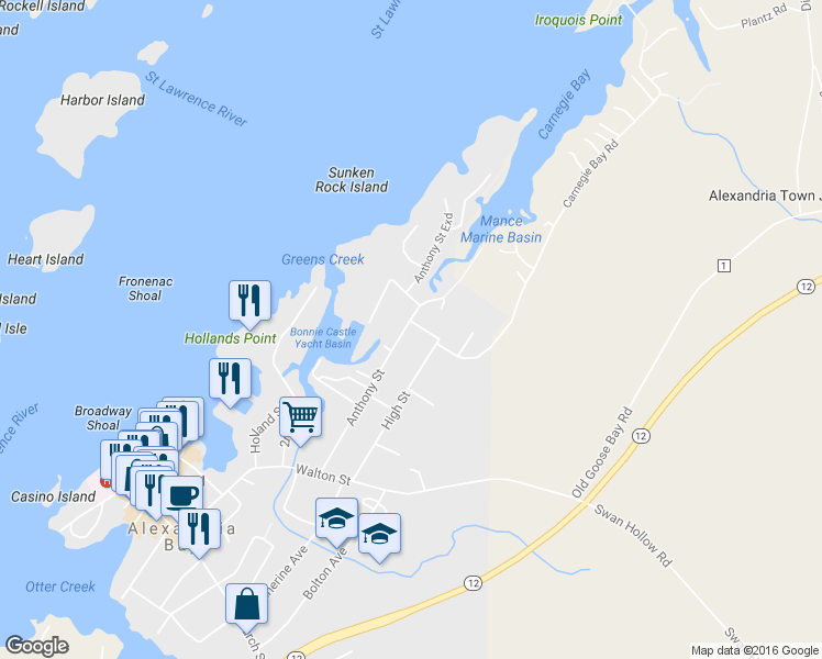 map of restaurants, bars, coffee shops, grocery stores, and more near 64 Anthony Street in Alexandria Bay