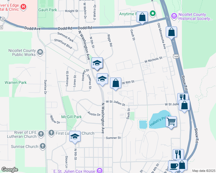 map of restaurants, bars, coffee shops, grocery stores, and more near 1320 North 5th Street in Saint Peter