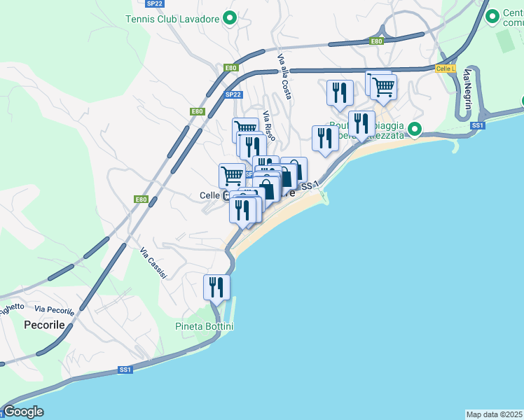 map of restaurants, bars, coffee shops, grocery stores, and more near 8 Via Aicardi in Celle Ligure