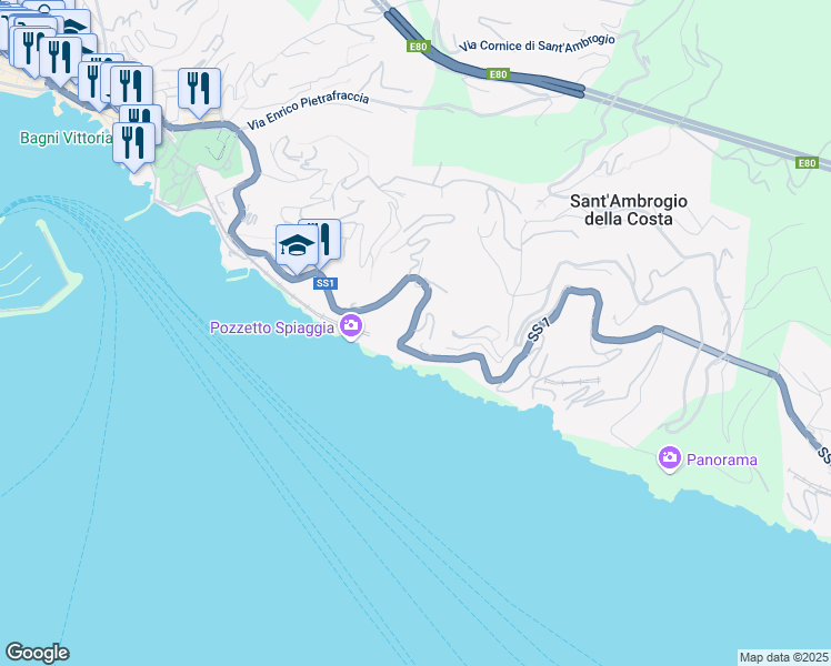 map of restaurants, bars, coffee shops, grocery stores, and more near 267 Strada Statale 1 in Zoagli