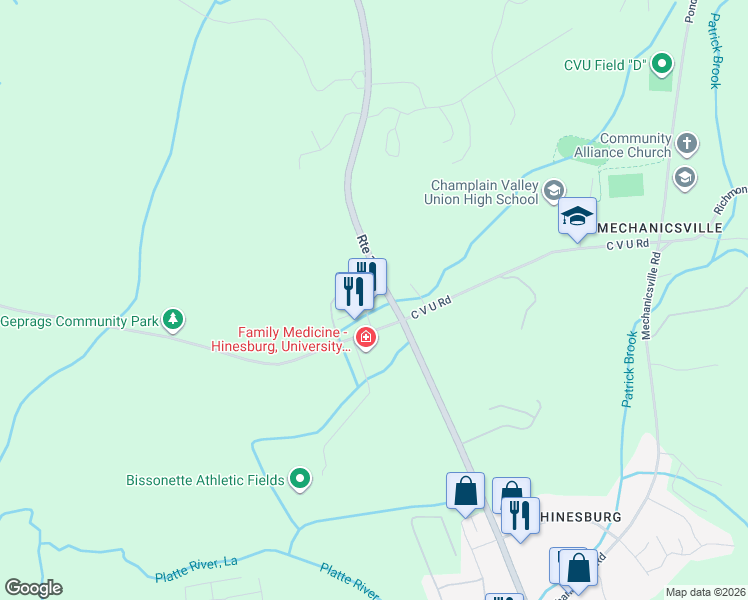 map of restaurants, bars, coffee shops, grocery stores, and more near 26 Ballards Corner Road in Hinesburg
