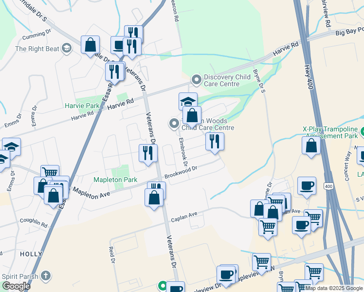 map of restaurants, bars, coffee shops, grocery stores, and more near Elmbrook Drive in Barrie