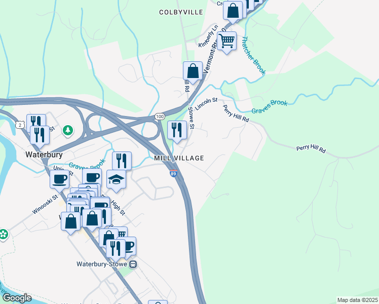 map of restaurants, bars, coffee shops, grocery stores, and more near 4 East Street in Waterbury Village Historic District