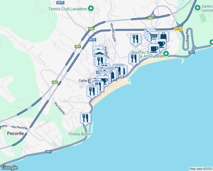 map of restaurants, bars, coffee shops, grocery stores, and more near 8 Via Aicardi in Celle Ligure