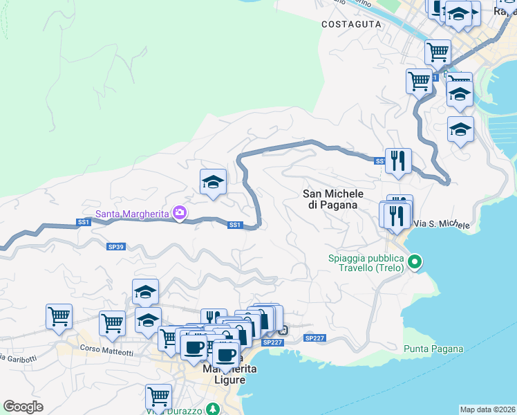 map of restaurants, bars, coffee shops, grocery stores, and more near 2 Via Aurelia in Santa Margherita Ligure