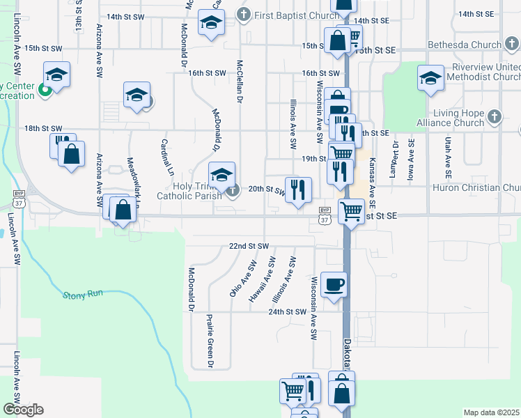 map of restaurants, bars, coffee shops, grocery stores, and more near 420 21st Street Southwest in Huron