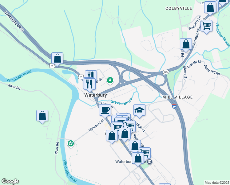 map of restaurants, bars, coffee shops, grocery stores, and more near 9 Huntington Place in Waterbury Village Historic District