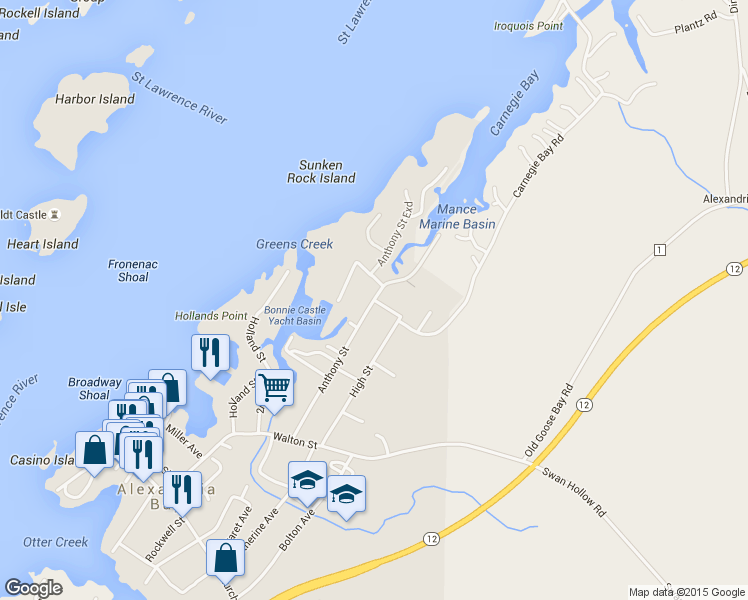 map of restaurants, bars, coffee shops, grocery stores, and more near Anthony Street & Mance Lane in Alexandria Bay