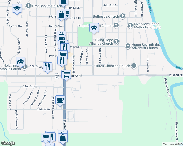 map of restaurants, bars, coffee shops, grocery stores, and more near 2085 Idaho Avenue Southeast in Huron