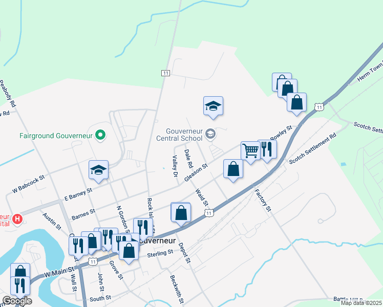 map of restaurants, bars, coffee shops, grocery stores, and more near 21 Dale Road in Gouverneur