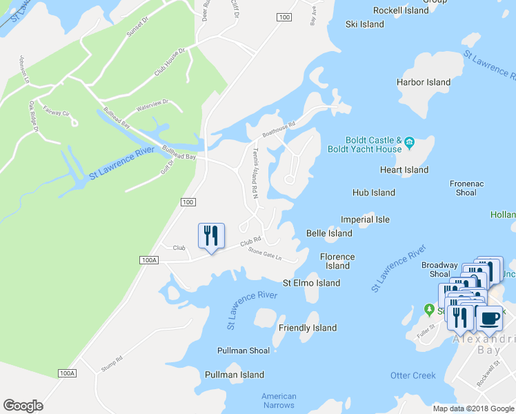 map of restaurants, bars, coffee shops, grocery stores, and more near 46591 Tennis Island North in Wellesley Island
