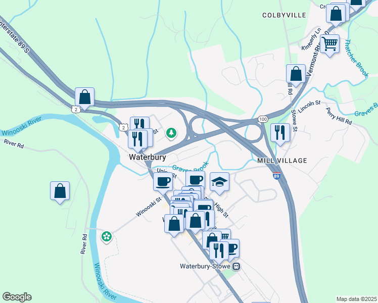map of restaurants, bars, coffee shops, grocery stores, and more near 9 Huntington Place in Waterbury Village Historic District