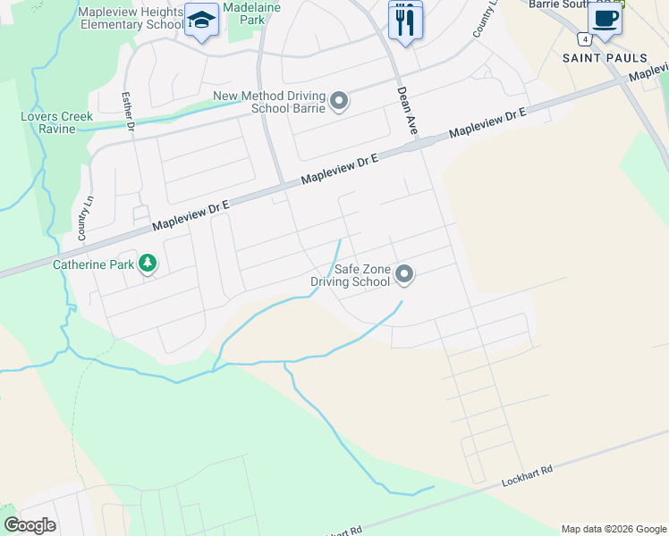 map of restaurants, bars, coffee shops, grocery stores, and more near 608-642 Mapleview Drive East in Barrie