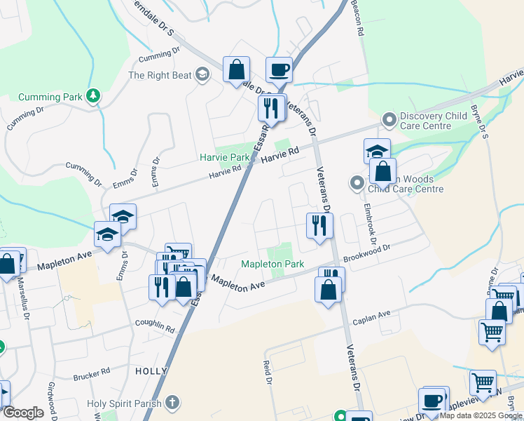 map of restaurants, bars, coffee shops, grocery stores, and more near 49 O'Shaughnessy Crescent in Barrie