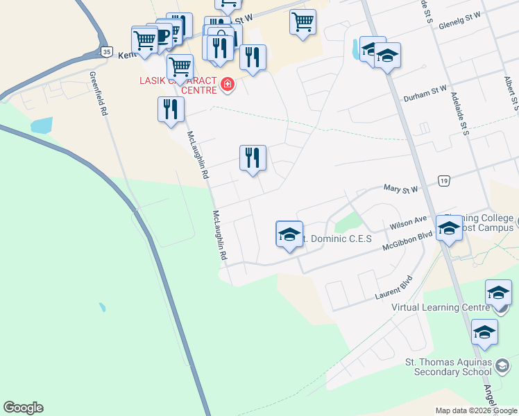 map of restaurants, bars, coffee shops, grocery stores, and more near in Kawartha Lakes