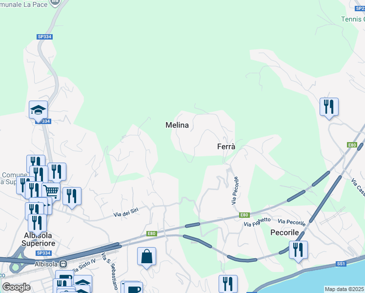 map of restaurants, bars, coffee shops, grocery stores, and more near 39 Via Melina in Celle Ligure