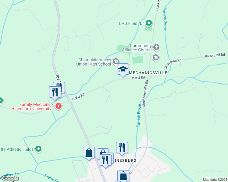 map of restaurants, bars, coffee shops, grocery stores, and more near 103 Bitter Sweet Hill in Hinesburg
