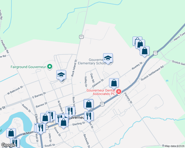 map of restaurants, bars, coffee shops, grocery stores, and more near 21 Dale Road in Gouverneur
