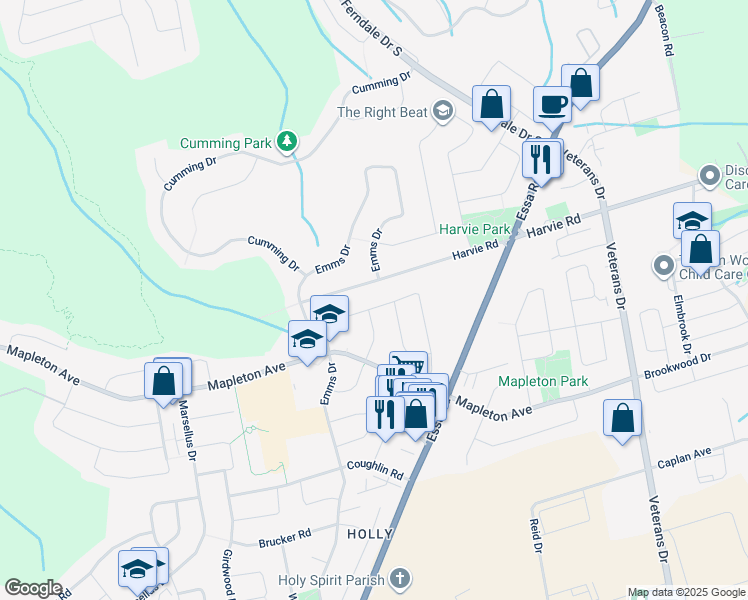 map of restaurants, bars, coffee shops, grocery stores, and more near 32 Leslie Avenue in Barrie