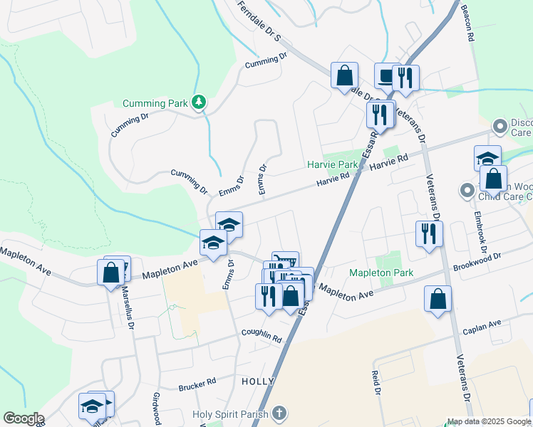 map of restaurants, bars, coffee shops, grocery stores, and more near 36 Leslie Avenue in Barrie