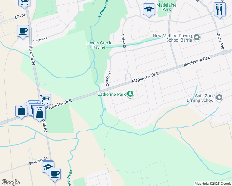 map of restaurants, bars, coffee shops, grocery stores, and more near Gwendolyn Street in Barrie