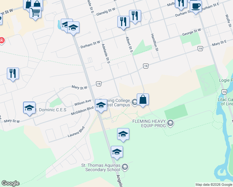 map of restaurants, bars, coffee shops, grocery stores, and more near 125 Adelaide Street South in Kawartha Lakes