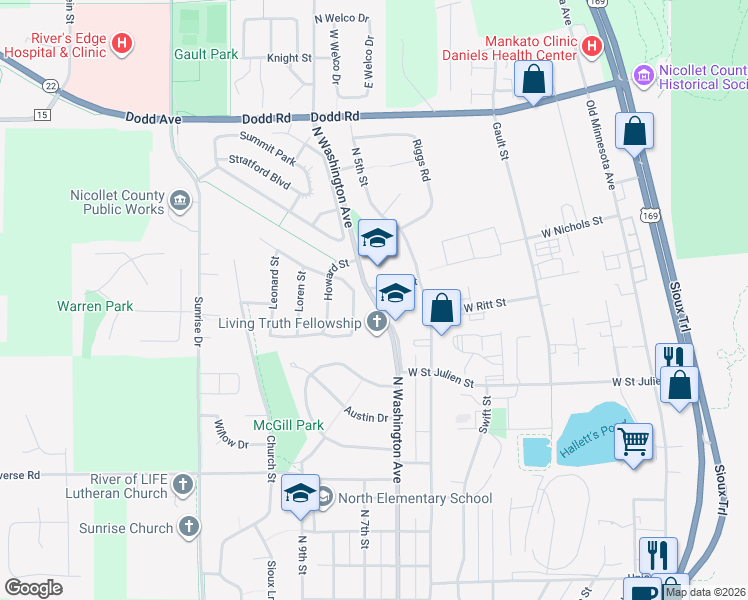map of restaurants, bars, coffee shops, grocery stores, and more near 1403 North Washington Avenue in St. Peter
