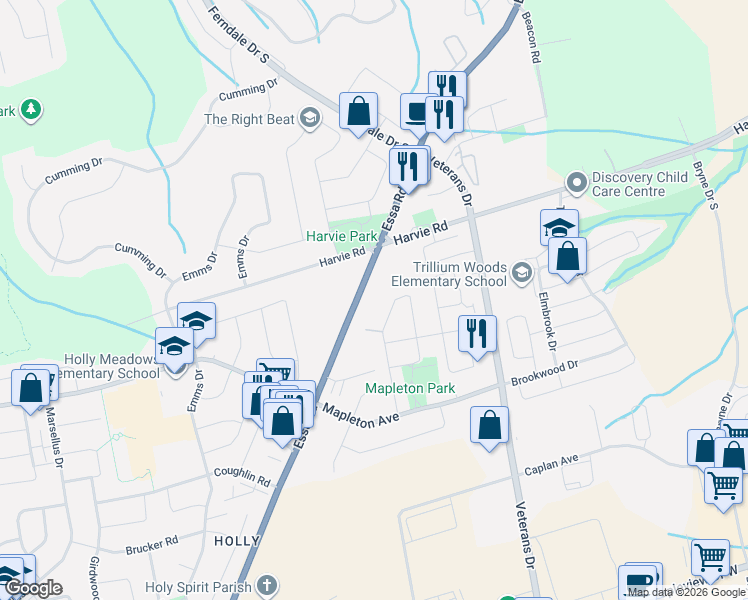 map of restaurants, bars, coffee shops, grocery stores, and more near 484 Essa Road in Barrie