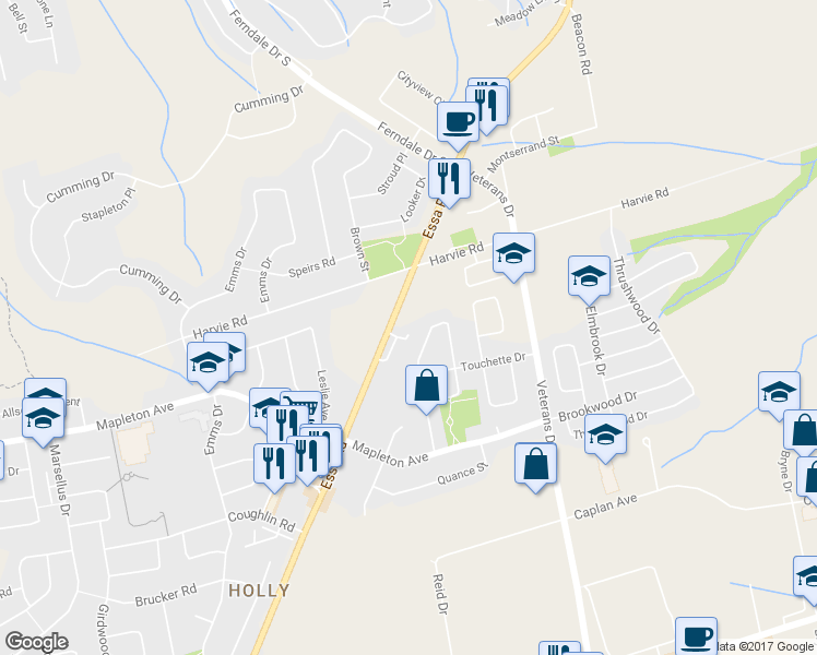 map of restaurants, bars, coffee shops, grocery stores, and more near 484 Essa Road in Barrie