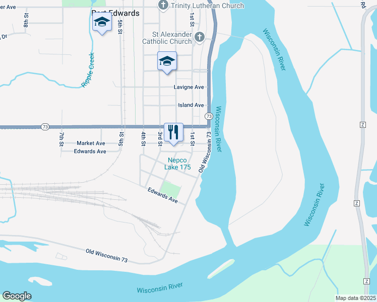 map of restaurants, bars, coffee shops, grocery stores, and more near 110 Market Avenue in Port Edwards