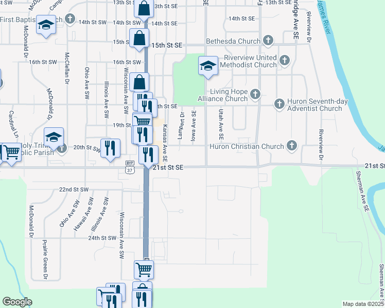 map of restaurants, bars, coffee shops, grocery stores, and more near 149-225 20th Street Southeast in Huron