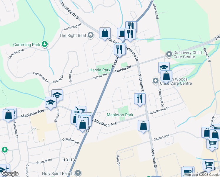 map of restaurants, bars, coffee shops, grocery stores, and more near 502 Essa Road in Barrie